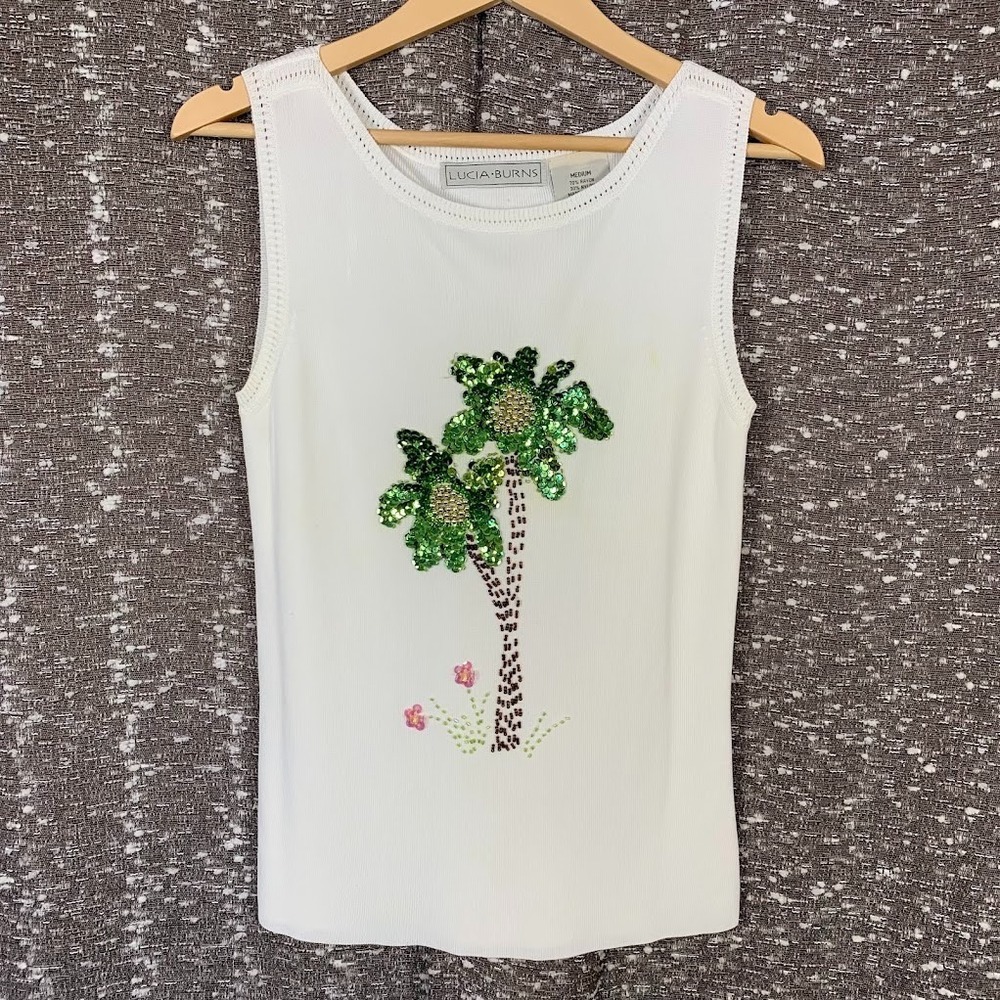 Vintage Lucia Burns Beaded Sequin Palm Tree Tank Top Beach Tropical Women's M